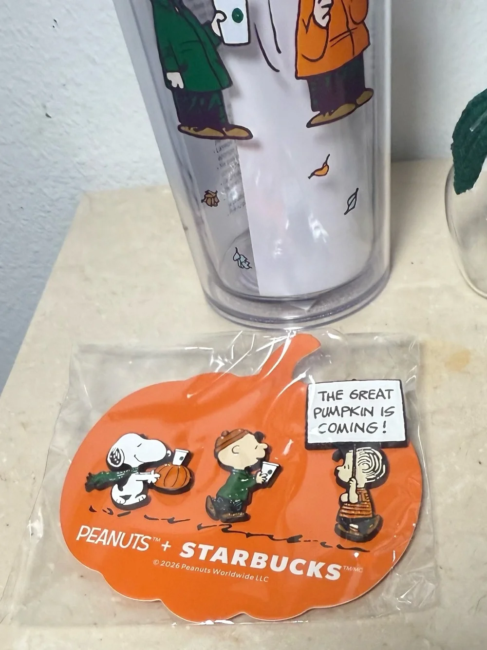 (3 item)Starbucks cold cup glass Snoopy, Great Pumpkin 24oz timber and Pin set
